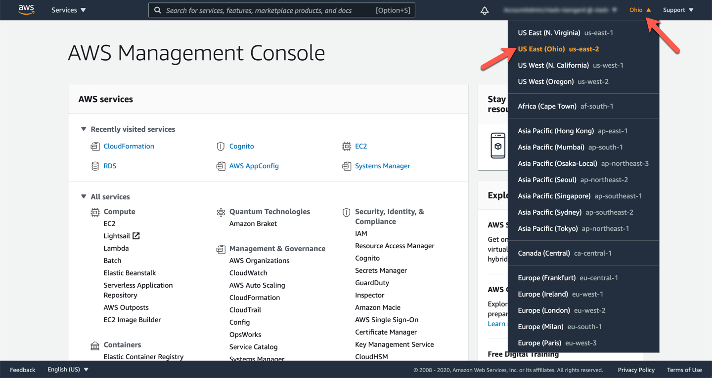 AWS Management Console Region Selection