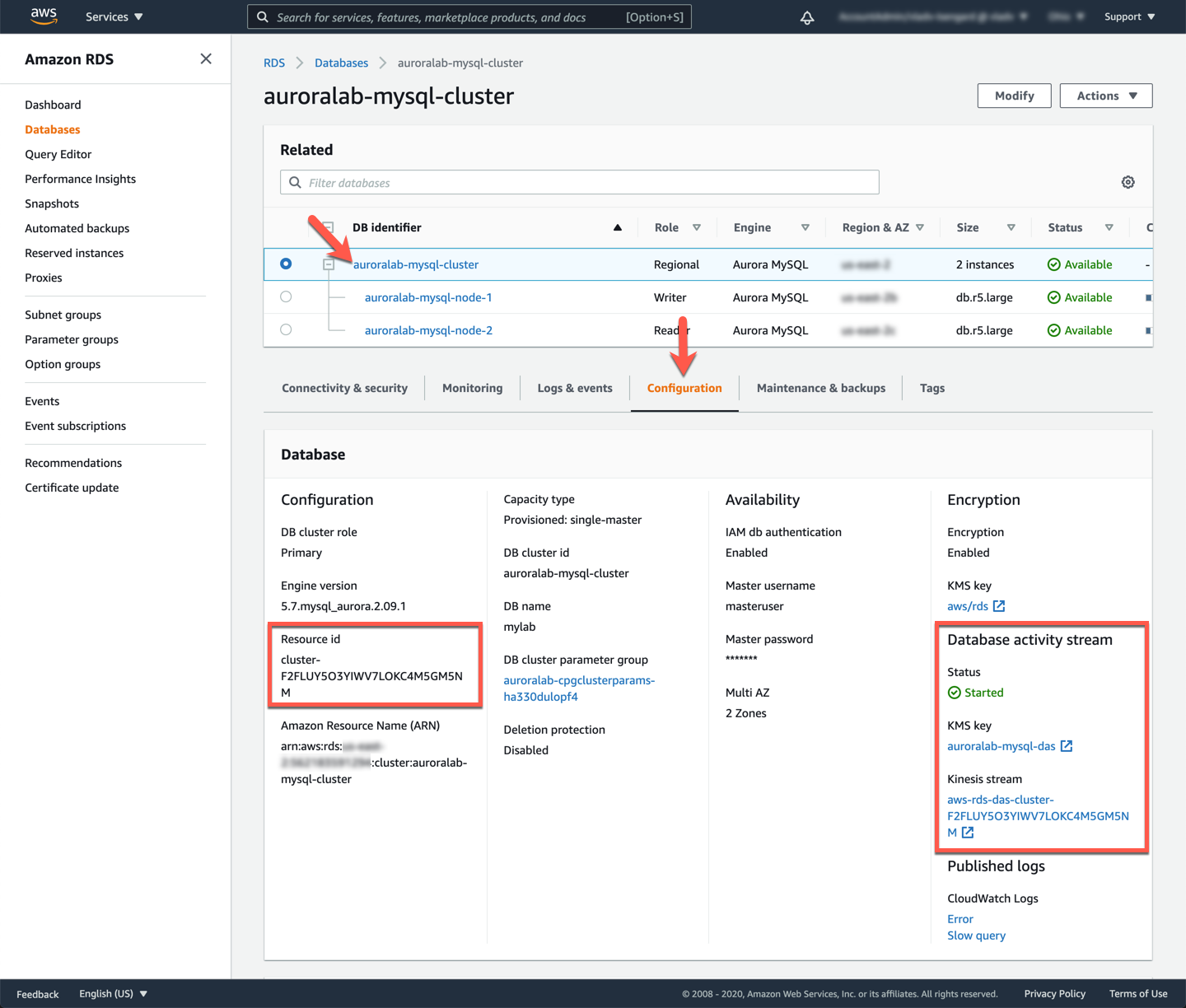 RDS Cluster Configuration Details