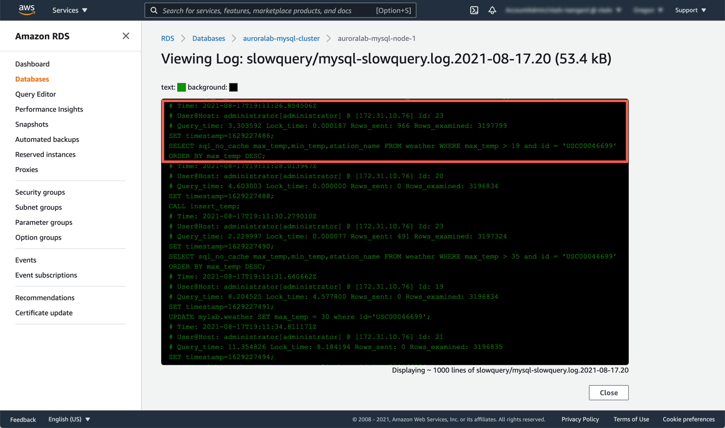 RDS View Slow Log