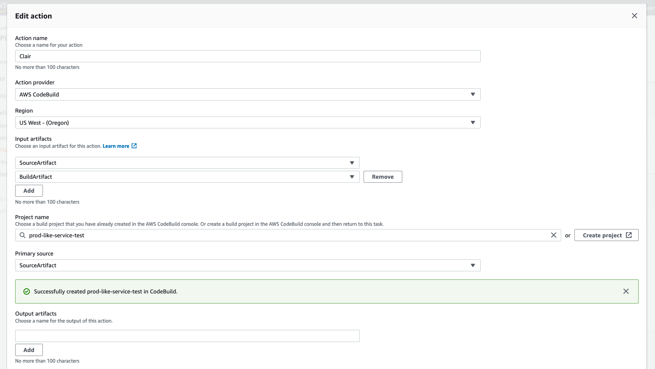 CodePipeline Create Action