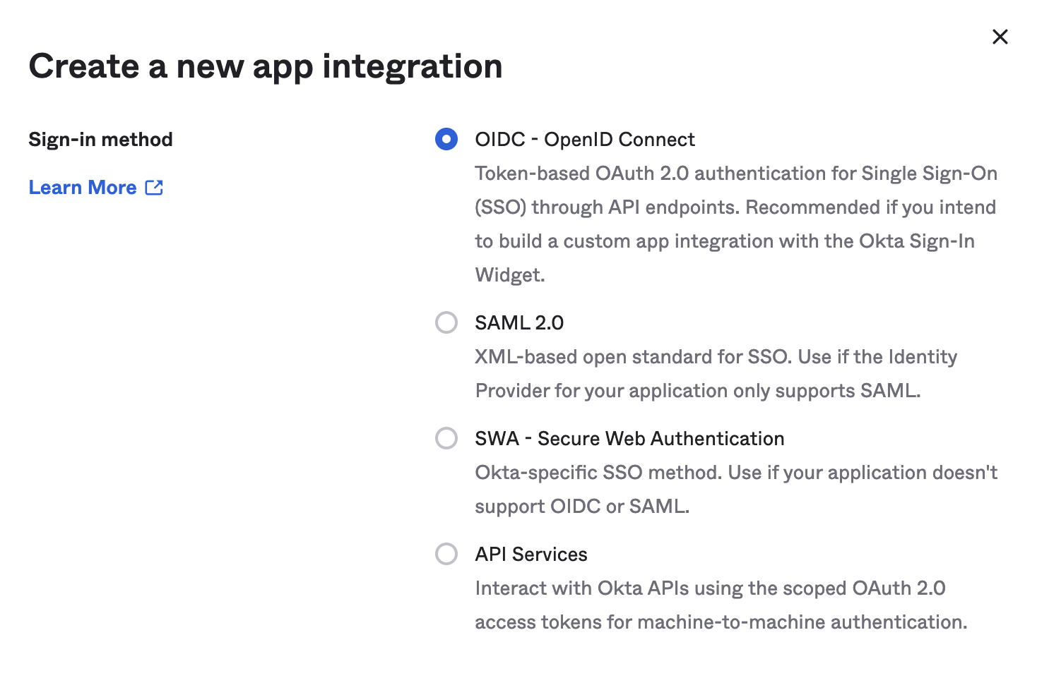 Okta create app