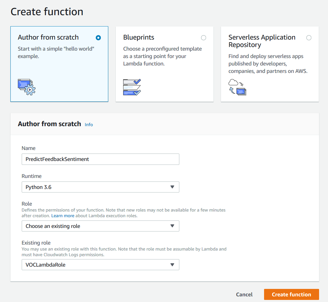 Create Lambda function screenshot
