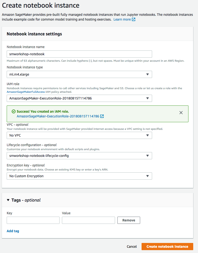Notebook instance creation dialog