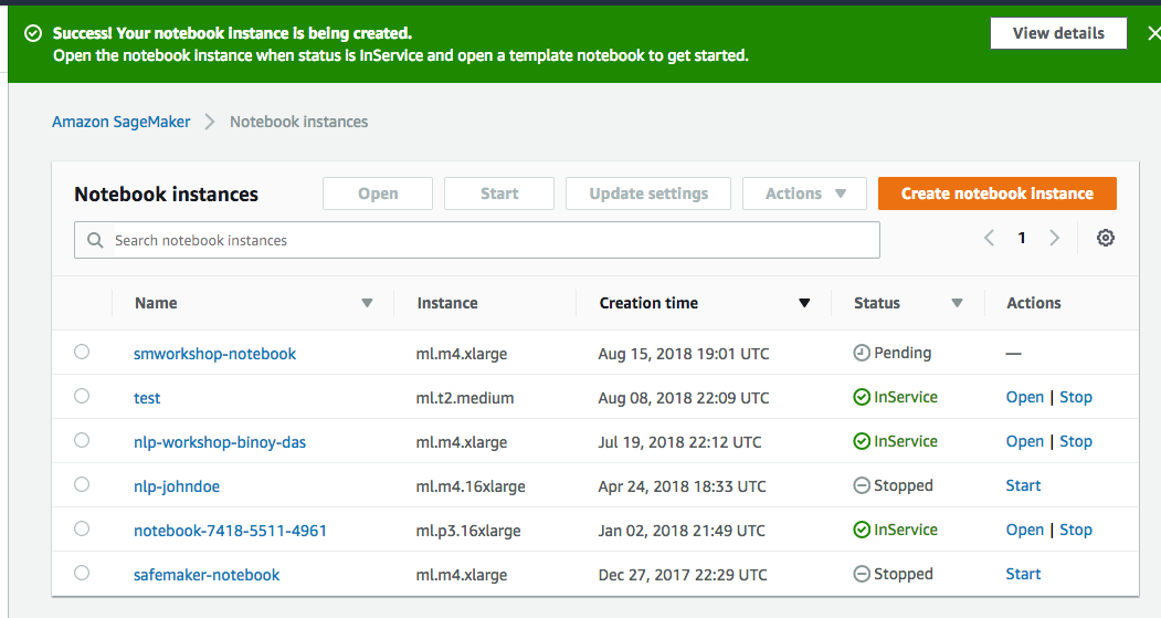 Notebook instance creation status