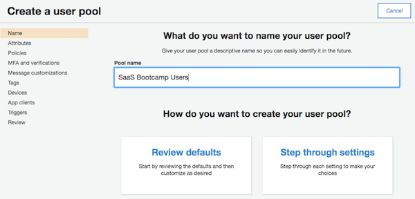 Lab 1 Part 1 Step 3 Cognito Name User Pool