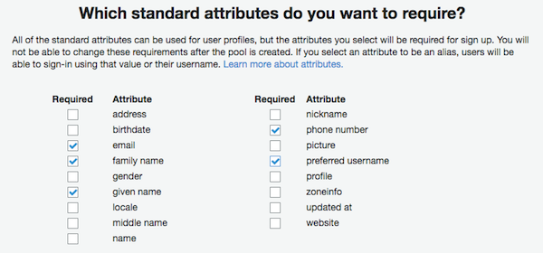 Lab 1 Part 1 Step 5 Cognito Standard Attributes