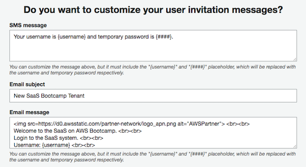 Lab 1 Part 1 Step 9 Cognito Invitation Message