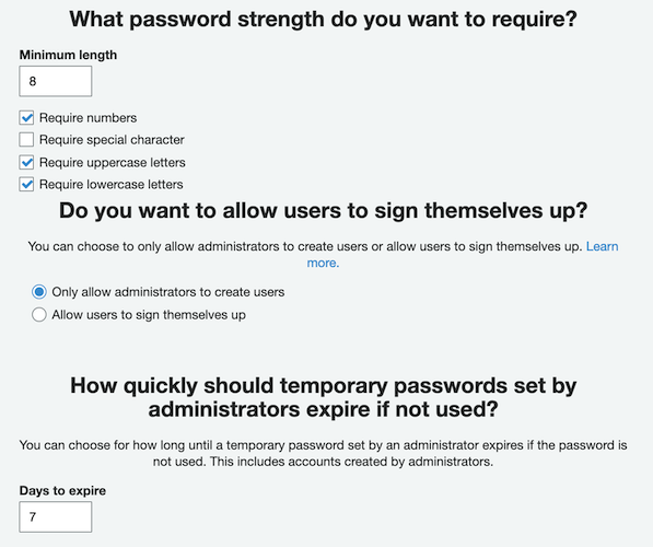 Lab 1 Part 1 Step 7 Cognito Password Policy