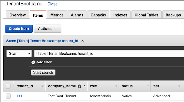 Lab 1 Part 3 Step 3 DynamoDB Tenant Table