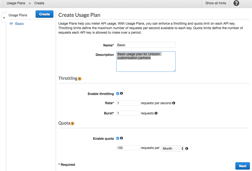 Create Usage Plan screenshot