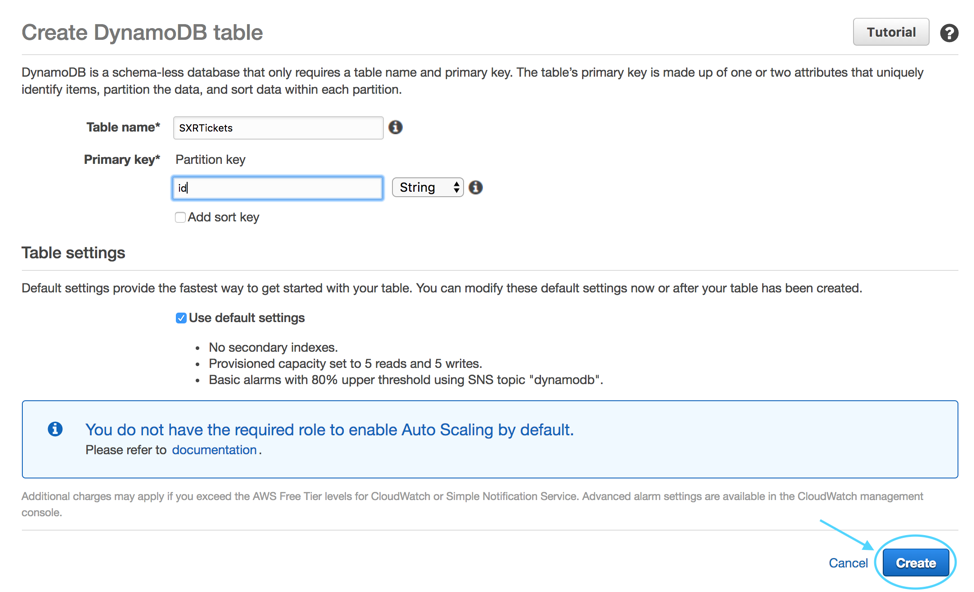 DymamoDB Create SXRTickets