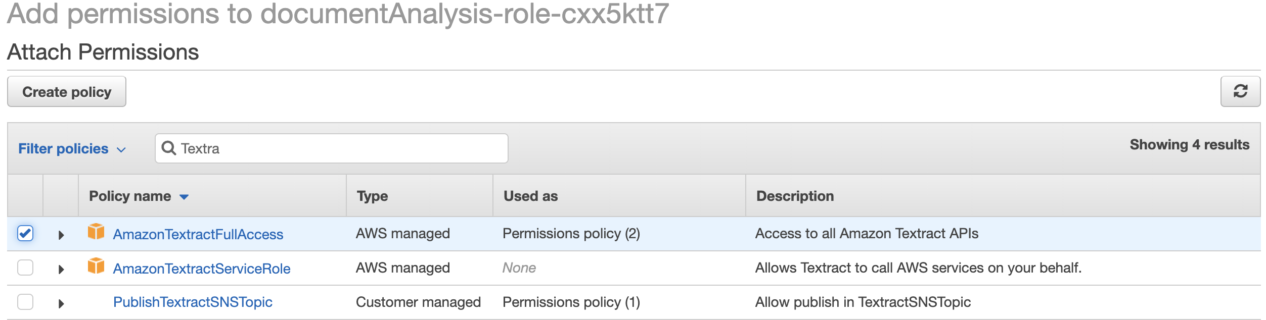 Textract permission for documentAnalysis function