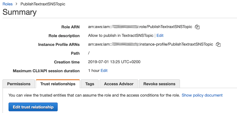 Role details, Trust relationship tab